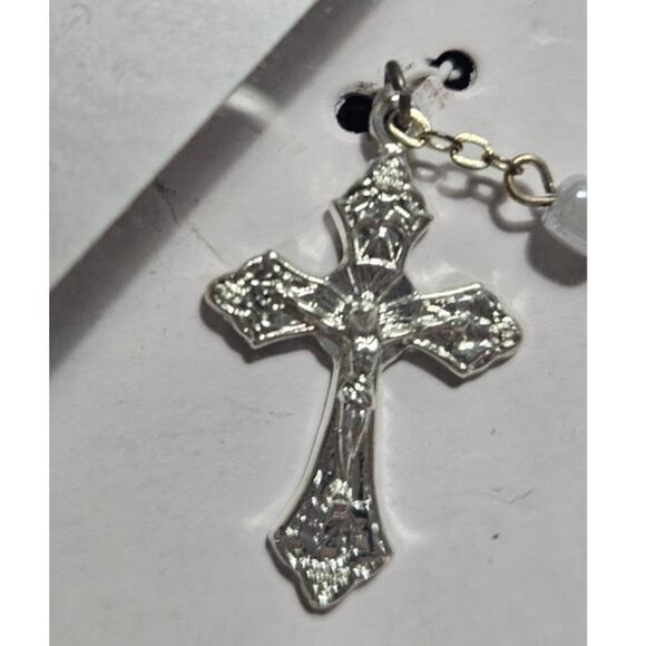 Rosary & Cross Baby VTG new Porcelain Faux Pearl Bead metal link Madonna & child - Picture 6 of 9